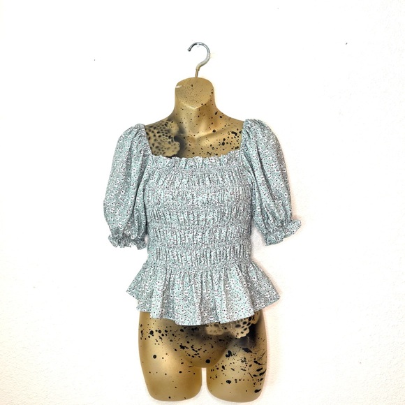 Tops - Floral Smocked Peplum Top Puff Sleeves Sage Green Cottagecore XL